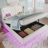 HAUSS SPOLE Gestoffeerd Bed 140x200 cm - Tweepersoonsbed Met USB C En LED - Met Opbergruimte - Zonder Matras - PU - Wit