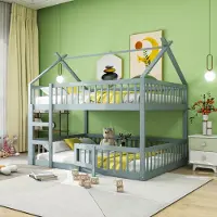HAUSS SPOLE Kinderstapelbed 140x200 cm - Met Trap En Hoge Valbeveiliging - Zonder Matras - Massief Hout - Grijs
