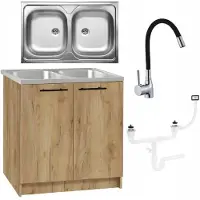 Stamar - Keukenkast 80 cm - Onderkast met Dubbele spoelbak + kraan + sifon - Eik Sonoma