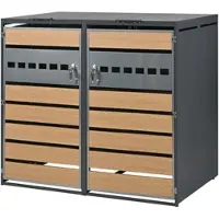 OKWISH Vuilniscontainer met hydraulisch openslaande deksel, bestaande uit een systeem met twee compartimenten, afsluitbare dubbele deuren, geschikt voor tuin en terras, gemaakt van verzinkt staal, grijs