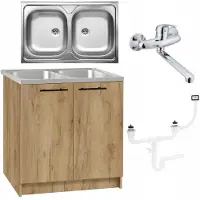 Stamar - Keukenkast 80 cm - Onderkast met Dubbele spoelbak + kraan + sifon - Eiken Goud