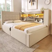 HAUSS SPOLE Gestoffeerd Bed 90x200cm - Eenpersoonsbed met LED & USB-C - Hydraulische Opbergruimte - Linnen & Houten Detail - Beige - Zonder matras