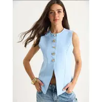 Bianco Aangesloten Mouwloze Knopsluiting Vest met Polokraag