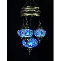 Halay Hanglamp van Turks mozaïekglas met zes kappen, in blauw – Oosterse kroonluchter voor sfeervolle verlichting