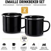 Benza 2x Emaille Drinkbeker Zwart – Camping Mok Set – 350 ml – IJzer met Emaillelaag – Outdoor Beker – Ø 7,5 cm