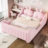 STILVORA Gestoffeerd Bed 140x200 cm – Konijnkussens & Wolkenzijden – Kindervriendelijk Platformbed – Zonder Matras – Teddypluche – Roze