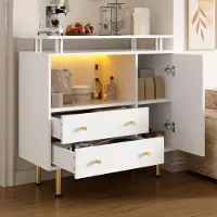 OKWISH Dressoir Met Ledverlichting – 80x35x80 Cm – 2 Glazen Schuifdeuren 2 Laden 1 Deur – Opbergruimte Voor Woonkamer Hal Of Eetkamer – Wit