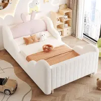 STILVORA Kinderbed 90x200 cm – Gestoffeerd Bed Met Konijnkussen – Veilig Platformbed Met Zijrails – Voor Kinderkamer – Teddypluche – Wit – Zonder Matras