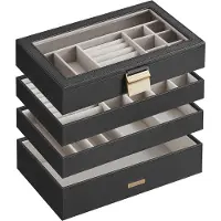 Songmics Sieradendoosje met glazen deksel cadeau-idee, Zwart / 4 niveaus (17 x 28 x 18,3 cm)