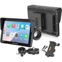 Carpuride Motorfiets Carplay-scherm met BM05-houder voor Plug-and-Play, Draadloze CarPlay & Android Auto, 7" Waterdicht Touchscreen, Intercom-functie, Dual Bluetooth, Bedrade Controller, Navi