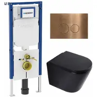 Geberit QeramiQ Dely Toiletset - 36.3x51.7cm - diepspoel - rimless - UP720 inbouwreservoir - softclose toilet zitting 35 mm - koperen bedieningsplaat - ronde knoppen - mat zwart