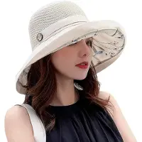 VHV - Zonnehoed Dames met Mesh Ventilatie - UPF 50+ UV-Bescherming - Brede Rand - Ademende Zomerhoed met Verstelbare Kinriem - Opvouwbare Strandhoed voor Wandelen en Tuinieren - Beige