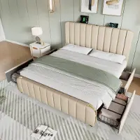 HAUSS SPOLE Gestoffeerd Bed 180x200 cm - Tweepersoonsbed Met USB C En 4 Laden - Zonder Matras - Linnen - Beige