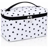 HEM Toilettas Hartjes – Make-up Tas – Toilettasje Dames – Cosmeticatas – Toilettas Kinderen – Wit/Zwart – 23x16x6 cm – Inclusief Microvezeldoekje