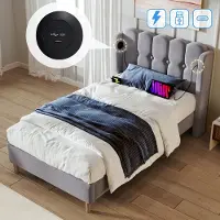 HAUSS SPOLE Gestoffeerd Bed 90x200 cm - Eenpersoonsbed Met USB En USB C - Zonder Matras - Met Lattenbodem - Linnen - Grijs