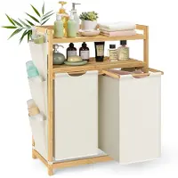 Songmics - Wasmand - Wasmand met 2 Compartimenten - Bamboe - Met Plank en Zijvakken