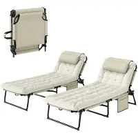 Outsunny Set van 2 opklapbare ligstoelen met 4-standen verstelbare rugleuning, hoofdsteun en dik matras, beige