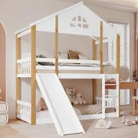 HAUSS SPOLE Stapelbed 90x200 cm - Kinderbed Met Glijbaan En Trap - Zonder Matras - Massief Hout En MDF - Wit Naturel