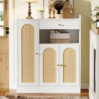 Sweiko Schoenenkast - Halmeubel - Rieten deuren - Met lades - Verstelbare planken - Wit + Naturelkleur