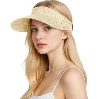 VHV - Zonnehoed Dames van Stro - UPF 50+ UV-Bescherming - Brede Rand - Opvouwbare Strohoed - Verstelbaar - Zonneklep voor Strand en Vakantie - Beige