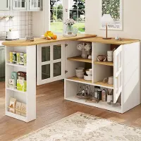 Merax Draaibare Bartafel met Opbergkast - Uitschuifbaar Keukeneiland met Glazen Deuren en Opbergruimte - Wit - 138-204 x 39 x 102,5 cm