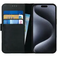 Rosso Deluxe Echt Leer Book Case Hoesje Geschikt voor Apple iPhone 15 Pro | Ruimte voor drie pasjes | Portemonnee Book Case | Met Pasjeshouder | Zwart