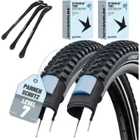 Schwalbe 2-delige Set Schwalbe Fietsbanden Marathon Plus MTB 29 inch x 2,25 (57-622) buitenband + SCV Clik ventiel binnenband en 3 metalen bandenlichters voor eenvoudige wisseling van banden