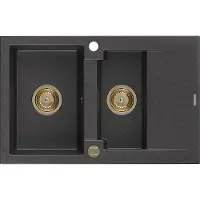 Mexen Gaspar granieten spoelbak 1,5-komorige met afdruiprek 737 x 475 , zwart gespikkeld, gouden sifon - 6507731505-76-G