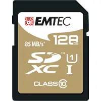 Emtec SDXC 128GB Class10 Gold +. Capaciteit: 128 GB, Soort flashgeheugen: SDXC, Flash memory klasse: Klasse 10, Leessnelheid: 85 MB/s, Schrijfsnelheid: 21 MB/s. Kleur van het product: Zwart, Bruin