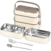 VHV -Premium roestvrijstalen bentobox — Dubbellaagse lunchbox met vakindeling — Lekvrij ontwerp inclusief bestek — Ideaal voor thuis, kantoor, school en picknicks — Khaki