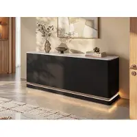 Vente-unique Buffetkast met 3 deuren en ledverlichting van mdf - Zwart met wit marmereffect - DEVIKA