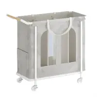Happiq Waskorf – Voor Woonkamer & Badkamer – Rollende Waskorf met 3 Compartimenten en Afneembare Hangzak – Beige