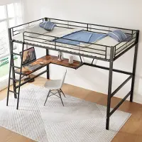 MODFU Hoogslaper 90x200 cm – Met L-vormig Bureau & Plank – Zwart – EN747 Veilig (vanaf 6 jr) – Metaal/MDF – Max. 120 kg – 24 Latten – Perfect voor Studenten & Tieners