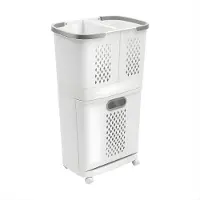 Happiq 2-Laags Wasmand met Wielen – Multifunctionele Laundry Sorter met Uitneembare Wasmand – Badkamer Opberg Organizer – Grijs/Wit