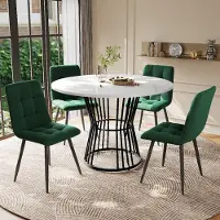 Sweiko Eettafelset (5-delig), eettafelset met 4 stoelen, keukentafelset, ronde eettafel met een diameter van 100 cm en zwarte metalen poten, witte MDF-tafelblad, groene fluwelen eetkamerstoelen