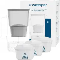 Wessper D2 borosilicaat waterfilterkan 3 liter, grijs – Glazen filterkan met 4 AquaMax filters