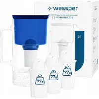 Wessper D2 borosilicaat waterfilterkan 3 liter, blauw – Glazen waterfilterkan met 4 AquaClassic filters