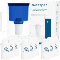 Wessper D2 borosilicaat waterfilterkan 3 liter, blauw – Glazen waterfilterkan met 10 AquaClassic filters