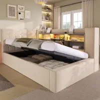 HAUSS SPOLE Gestoffeerd Bed 90x200 cm - Eenpersoonsbed met LED en USB-poorten - Met Hydraulische Opbergruimte - Linnen & Houten Panelen - Beige - Met matras