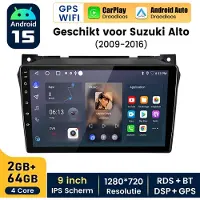 Hexinex HexinexMarket Quad-Core autoradio Geschikt voor Suzuki Alto 2009-2016 - Draadloos CarPlay, Android Auto, GPS Navi, RDS, Android 15, multimediaspeler, 2GB+64GB