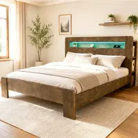 Sweiko Houten bed - 180 x 200 cm - Opbergruimte - LED-verlichting - Inclusief oplaadpunt - Bruin