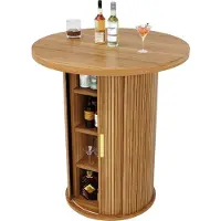 MODFU Ronde Bartafel Met Opbergruimte - Schuifdeur En Kast - Modern - Voor Woonkamer Of Bar - MDF En Metaal - Houtlook - 60 X 60 X 91,6 Cm