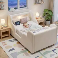 Flieks kinderbed, 90x200 cm, met valbeveiliging, bekleed eenpersoonsbed met nachtlampje en oplaadfunctie, klassiek kinderbed, fluweel, beige