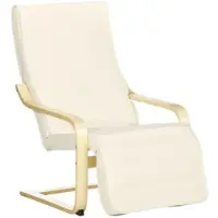OKWISH Relaxfauteuil 66,5 x 94 x 100 cm - 5 Standen Verstelbare Voetensteun - Voor Woonkamer of Slaapkamer - Hout en Stof - Crèmewit