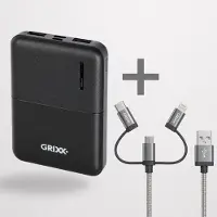 Grixx Powerbank Bundel 5000 mAh met 3-in-1 Kabel – USB-C, Lightning & Micro USB – MFI-gecertificeerd – 3 Apparaten Tegelijk Opladen – Grijs