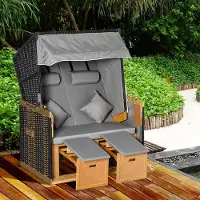 MODFU - Tuinligstoel - Verstelbare Rugleuning En Uittrekbare Voetsteunen - Met Zonnedak - Metaal En Kunststofrattan - Lichtgrijs - 118 x 79 x 160 cm