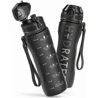 BOTC Waterfles - 750ml - BPA vrij - Tritan - Waterfles met Rietje - Waterfles met tijdmarkering - Zwart