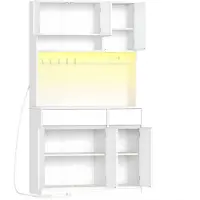 Happiq Keukenkast – Voor Keuken en Eetkamer – Buffetkast met Stopcontacten, LED-Lichtstrips, Werkblad en 2 Lades – Wit / Houtlook