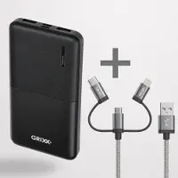 Grixx Powerbank Bundel 10.000 mAh + 3-in-1 Oplaadkabel – USB-C, Lightning & Micro USB – USB-C & 2x USB-A – Geschikt voor iPhone, Samsung & USB-C Smartphones – Grijs