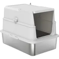 PawHut Kattenbak van Roestvrij staal, plastic 60,2L x 40,2B x 43,3H cm Lichtgrijs